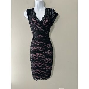 Marina Black Lace Overlay Pink Underlay V Neck Cocktail Dress Size 10